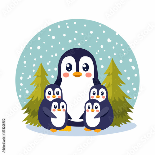 Cute Penguin Family in Snowy Landscape