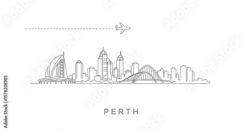 Perth skyline Plane above city line art.