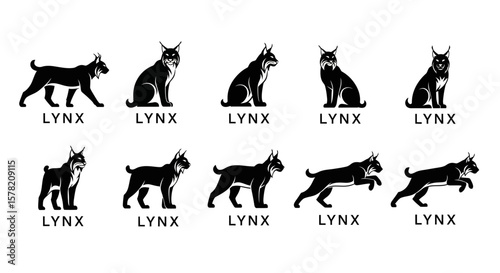 Black Lynx Silhouette Set: Various Poses, Vector Illustration, Isolated on White.