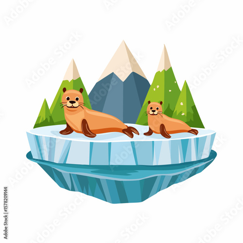 Two Seals Relaxing on an Ice Floe in a Mountainous Arctic Landscape