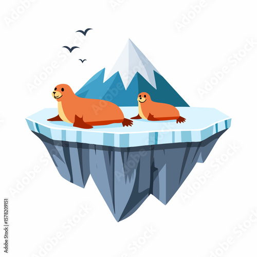 Two Happy Seals on a Floating Ice Floe with Mountain Backdrop