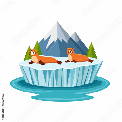 Two Sea Otters Resting on Arctic Ice Floe near Mountains