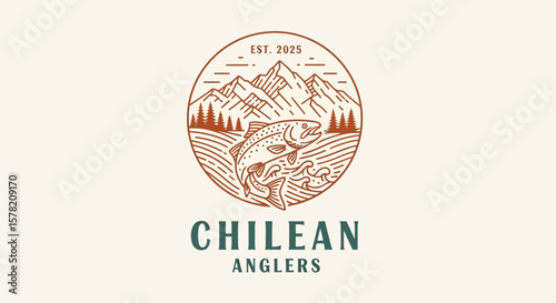 Brown and White Angling Logo Featuring Jumping Fish and Mountains