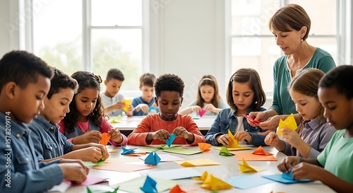 Elementary school students learning origami with their teacher,Children engaged in a colorful origami activity in a classroom setting