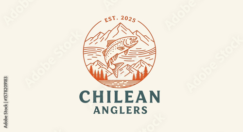 Chilean Anglers Logo: Jumping Fish, Mountains, and Trees Design