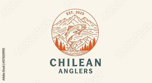 Chilean Anglers Logo: Line Art Trout Leaping, Mountain Landscape, Est. 2025