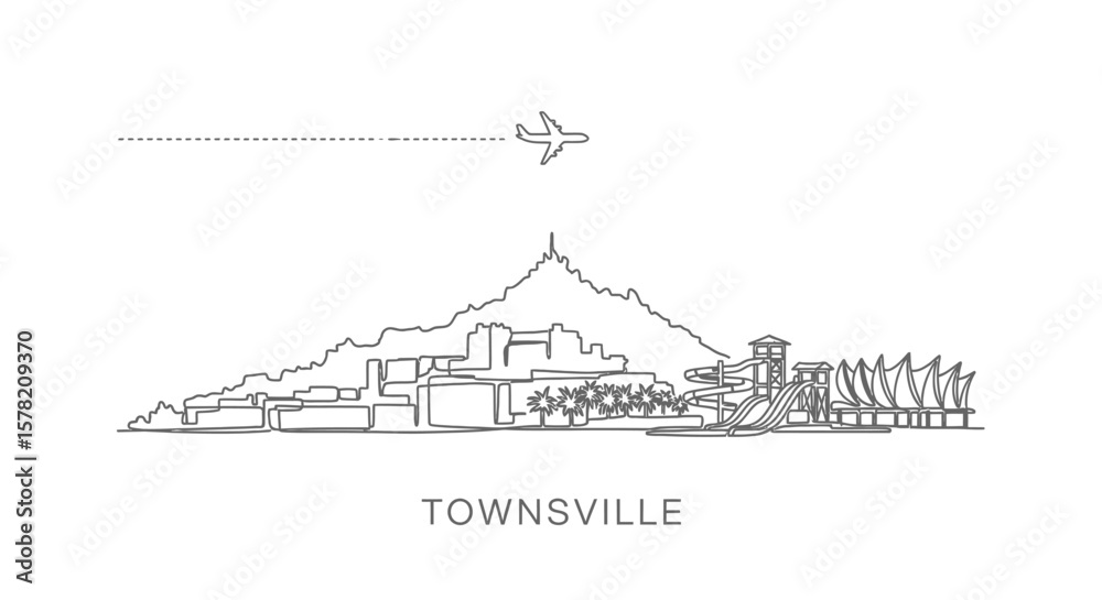 Fototapeta premium Townsville Skyline Line Art with Plane.