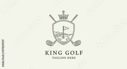 Elegant King Golf Logo Design with Crown, Golf Clubs, and Shield
