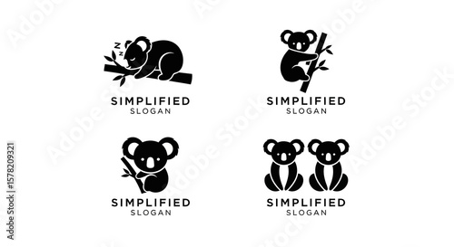 Four Black and White Koala Bear Silhouette Logos with Simplified Slogan
