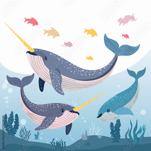 Playful Narwhals Swimming with Colorful Fish in the Ocean Depths