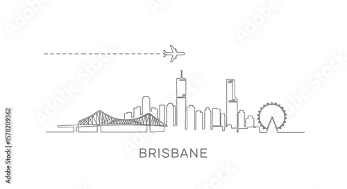 Brisbane skyline vector with plane travel, and white.