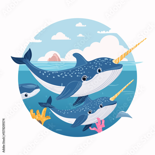 Whimsical Narwhals Swimming in Ocean with Colorful Coral Reefs and Clouds
