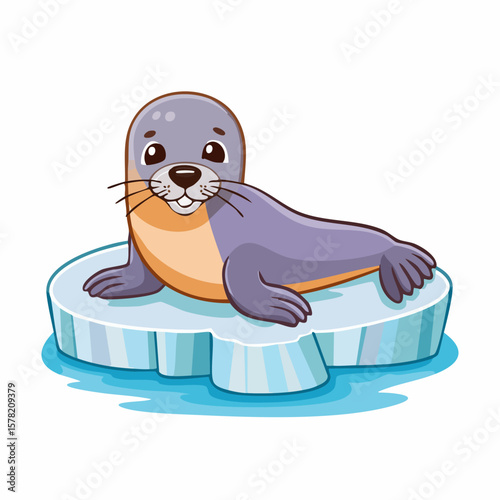 Cartoon Seal Smiling on Ice Floe with Whiskers and Cute Expression