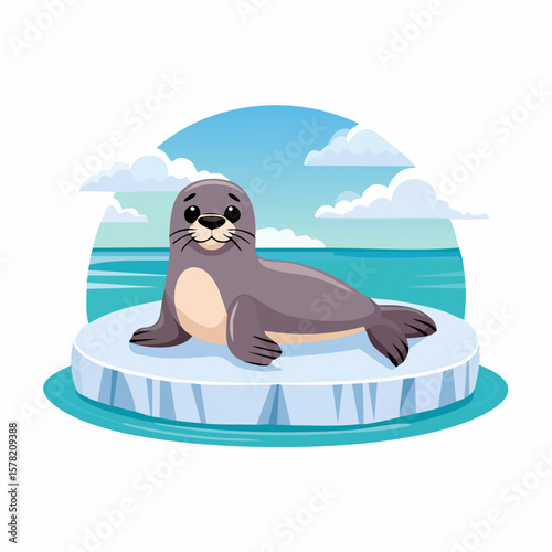 Cartoon Seal Resting on Ice Floe with Ocean and Sky Background