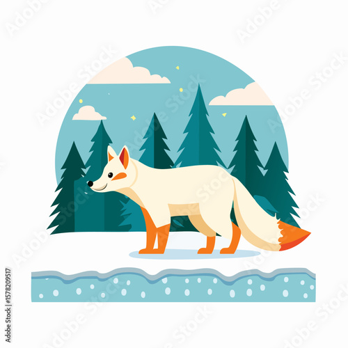 Cartoon Arctic Fox in Winter Forest with Snowy Ground and Trees.
