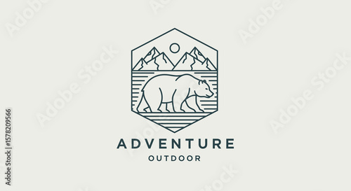 Line Art Logo: Grizzly Bear Walking by Mountain Lake, Hexagon Frame