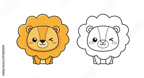 Adorable Cartoon Lion with Winking Expression, Orange and Yellow, Coloring Page Included