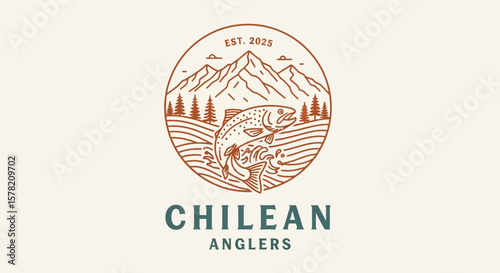 Chilean Anglers Logo: Line Art Trout Jumping in Mountain River