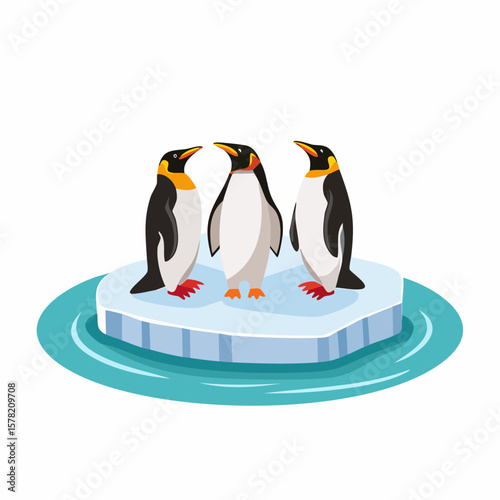 Three Adorable Penguins Standing Together on a Floating Iceberg