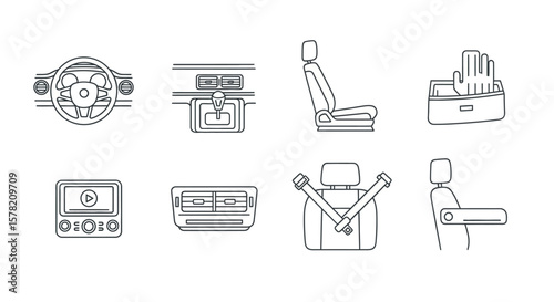 Car Interior Elements Line Art: Steering Wheel, Seats, Dashboard, Console, and Safety Features