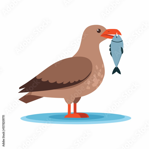 Cartoon Seagull with Fish in Beak, Standing on Water Surface