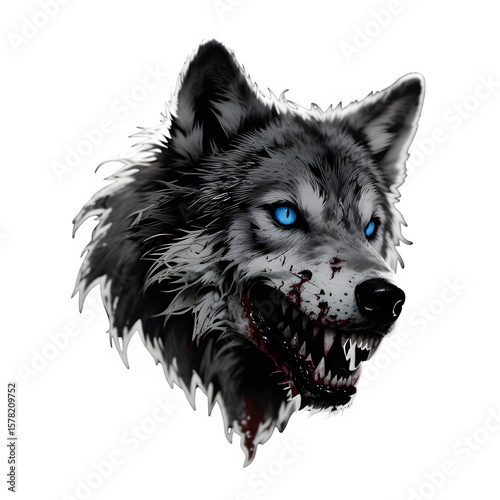 A side-view gray wolf head with blood-soaked fur and a fierce, bloodthirsty gaze.