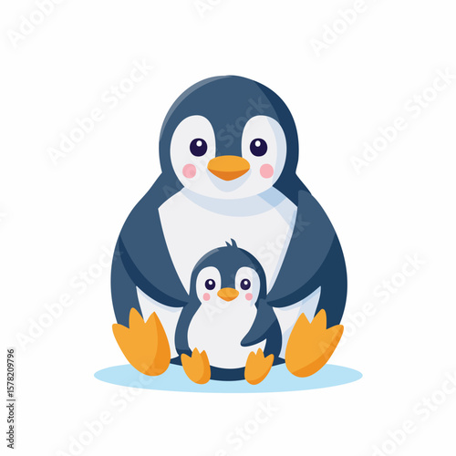 Adorable Cartoon Penguin Parent and Child, Embracing with Love and Care
