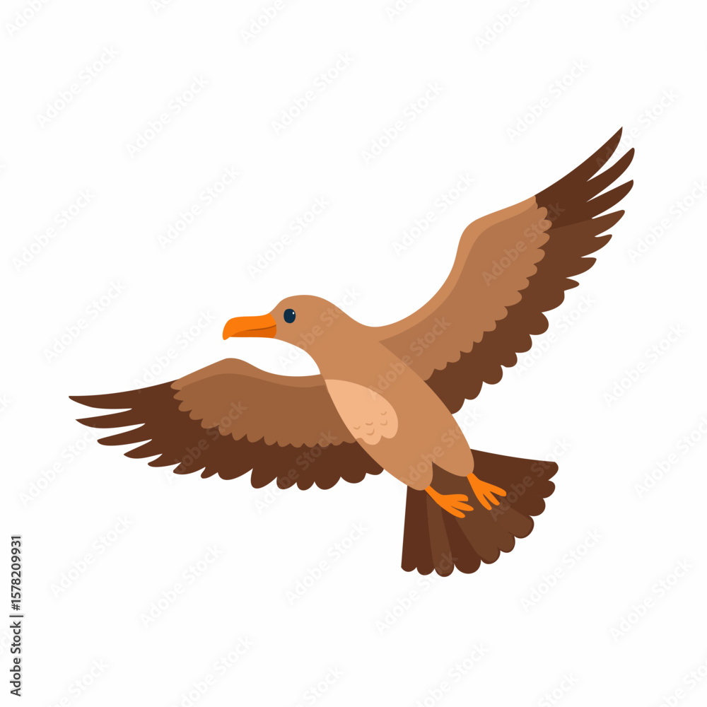 Fototapeta premium Cartoon Bird in Flight with Brown Feathers and Orange Beak