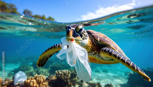 Sea turtle with plastic bag