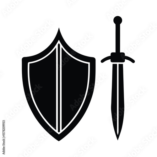 Sword and shield combo icon silhouette black flat vector on white background