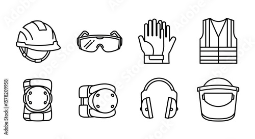 Safety Equipment Line Art: Helmet, Goggles, Gloves, Vest, Pads, Earmuffs, Shield