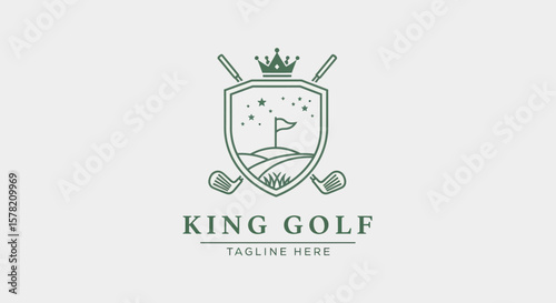 Elegant Golf Logo with Crown, Shield, Clubs, and Starry Golf Course
