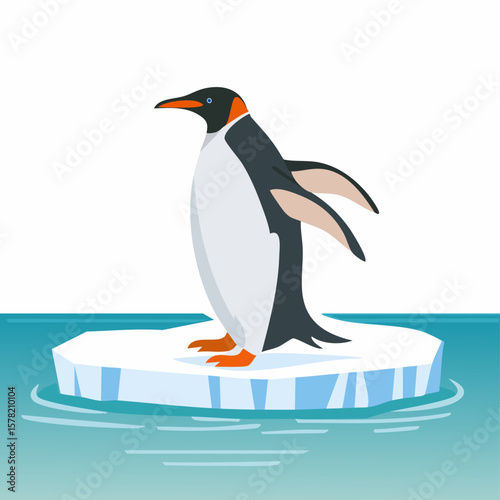 A solitary penguin standing proudly on a floating iceberg in the ocean.