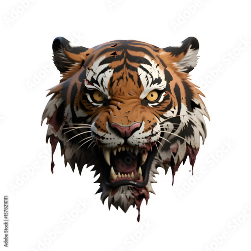  A vicious tiger head with bloodstained fur and a savage, bloodthirsty expression.