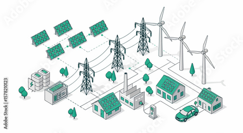 Isometric Illustration of Green Energy System: Solar Panels, Wind Turbines, and Smart Homes