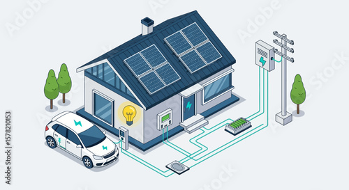 Isometric House with Solar Panels, Electric Car, and Charging Station Illustration