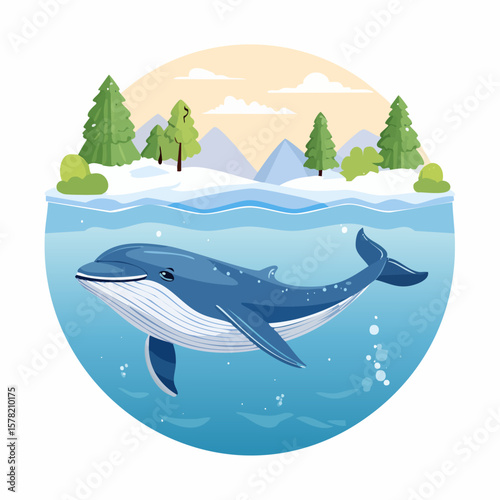 Whimsical Blue Whale Swimming in Arctic Waters with Snowy Landscape