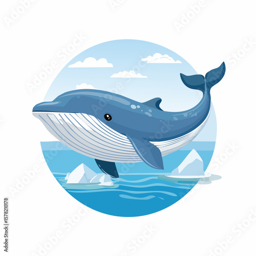 Playful Cartoon Whale Swimming in Arctic Waters with Icebergs and Clouds