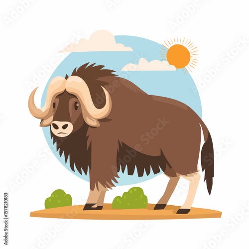Cartoon Musk Ox Standing on Ground with Clouds and Sun in the Sky
