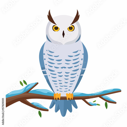 Cartoon Snowy Owl Perched on a Branch with Snow and Leaves