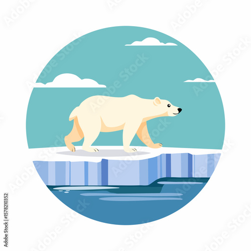 Cartoon Polar Bear Walking on Ice Floe with Blue Sky and Clouds