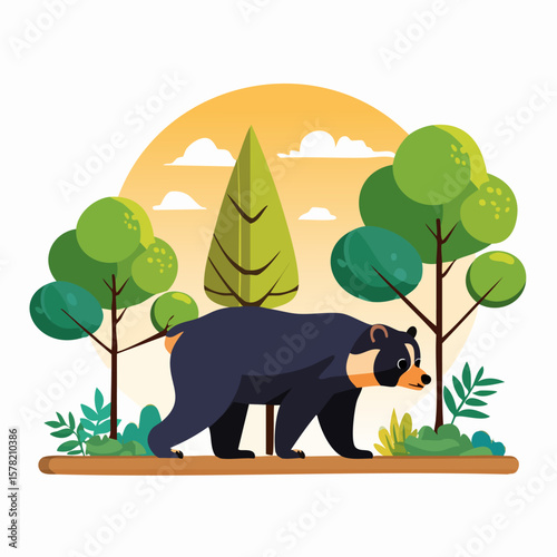 Cartoon Andean Bear Walking Through a Stylized Forest Scene.