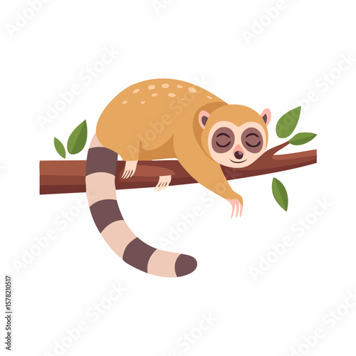 Cartoon Lemur Napping Peacefully on a Branch with Closed Eyes.