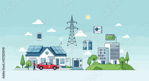 Red Electric Car Charging at Solar Panel Home with Power Grid Connection