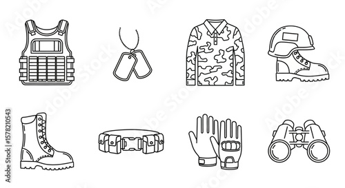 Outlined Military Gear Set: Vest, Tags, Shirt, Helmet, Boots, Belt, Gloves, Binoculars