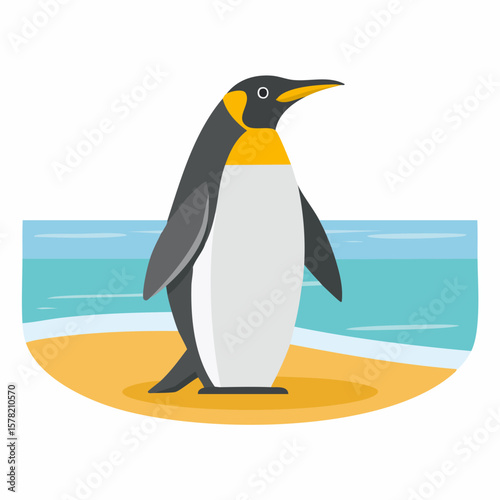 Stylized King Penguin Standing on Sandy Beach Near Ocean