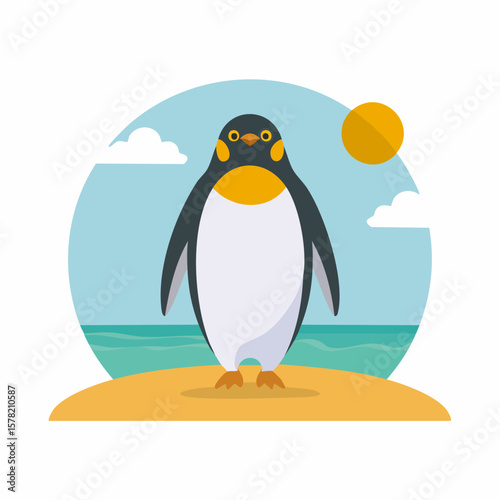 Cartoon Penguin Standing on Sandy Beach with Sun and Clouds in Background