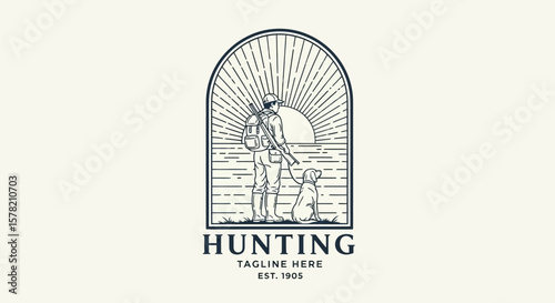 Vintage Hunting Logo Featuring Hunter, Dog, Rifle, and Sunset Scene