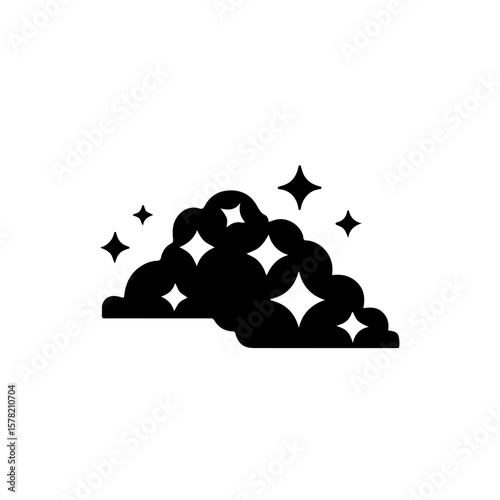 Sparkle Cloud Monochrome Icon. A captivating black and white icon featuring a stylized cloud or puff with shimmering sparkles and stars