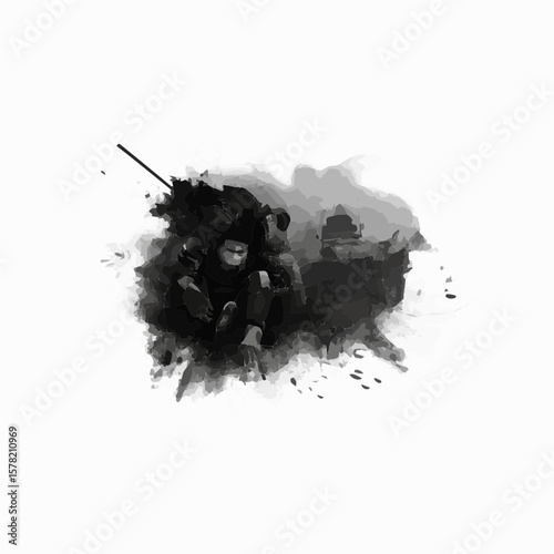 Rescue in Conflict Zone - Ink Wash Illustration of Aid and Military Presence. A powerful and evocative black and white ink wash illustration depicting a scene of rescue amidst potential conflict